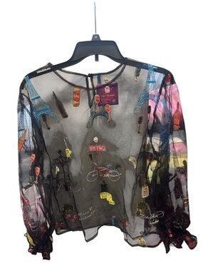 Metro Sheer Black Blouse with Multicolor Paris Embroidery